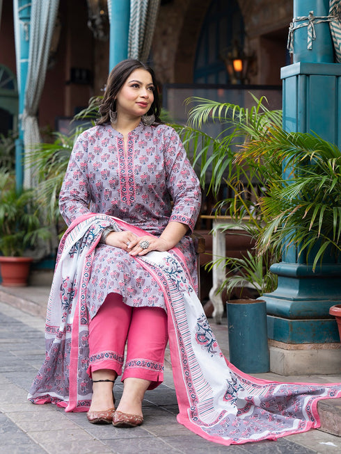 Women Plus Size Grey Pure Cotton Kurta Set With Dupatta